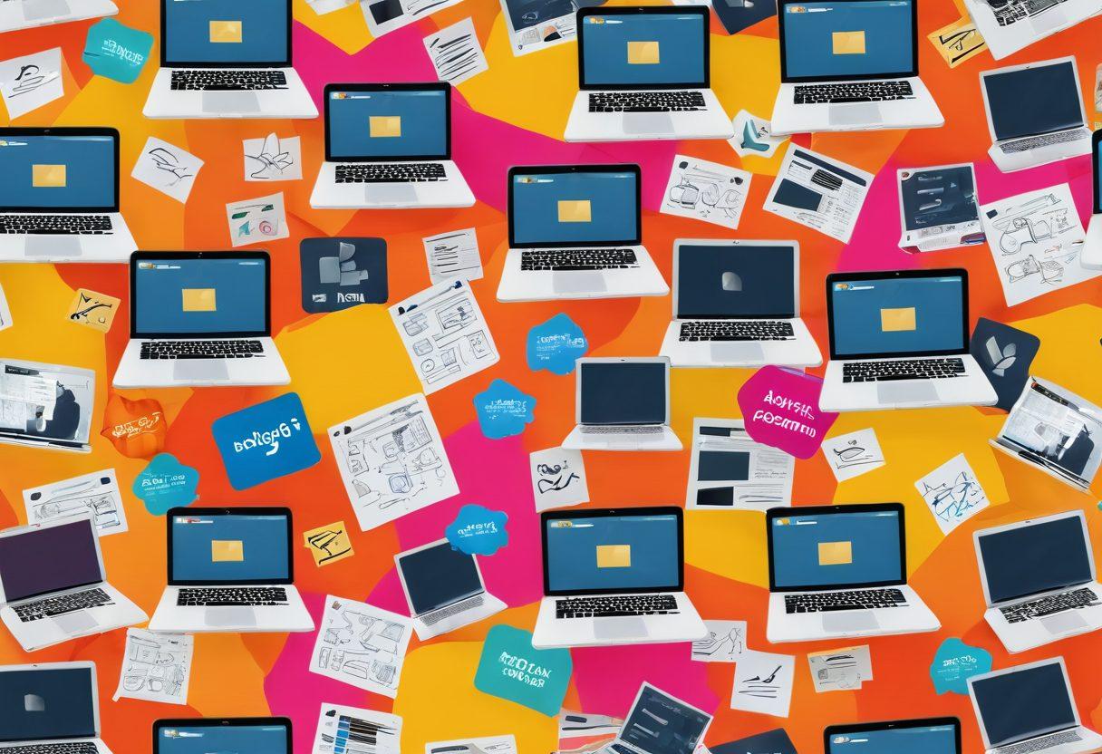 A dynamic collage featuring a diverse group of bloggers passionately writing on laptops, surrounded by floating engagement metrics like comments and likes. Include vibrant icons representing various content types, such as articles, videos, and podcasts, to emphasize variety. Use bright colors to convey creativity and enthusiasm, with a subtle background of a digital world map symbolizing the blogosphere. super-realistic. vibrant colors. 3D.