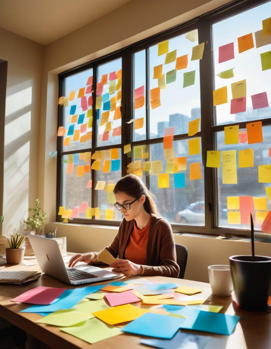A serene workspace featuring a person typing on a laptop surrounded by colorful post-it notes, a notepad filled with ideas, and a steaming cup of coffee. Bright, inviting sunlight streams through a window illuminating the creative chaos. Visual elements of digital strategies like social media icons and a rising graph are subtly incorporated in the background. super-realistic. vibrant colors. bright background.