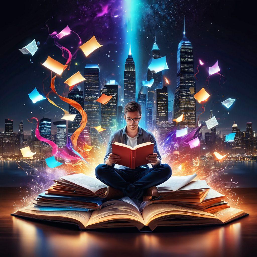 A captivating digital storyteller surrounded by floating open books, each emitting colorful streams of light symbolizing creativity and ideas. The background should feature a vibrant cityscape to signify the digital world, with various icons of social media and technology subtly integrated. The atmosphere should convey inspiration and engagement, inviting readers to explore the art of storytelling. super-realistic. vibrant colors. white background.